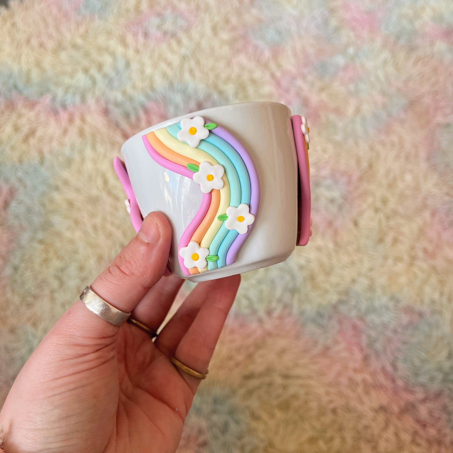 Pastel rainbow and daisy espresso cup
