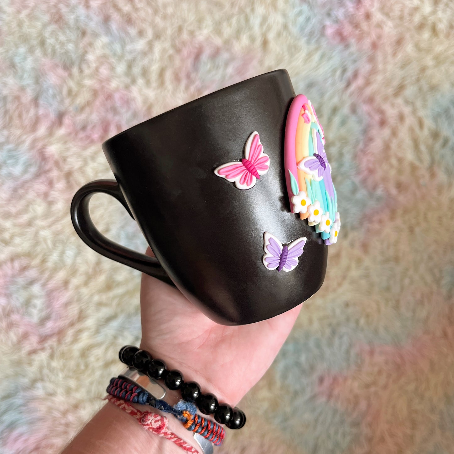 Pastel rainbow butterfly garden mug