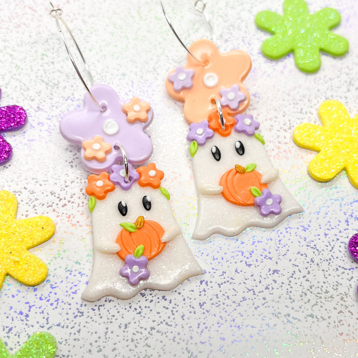 White glitter pumpkin ghostie dangles
