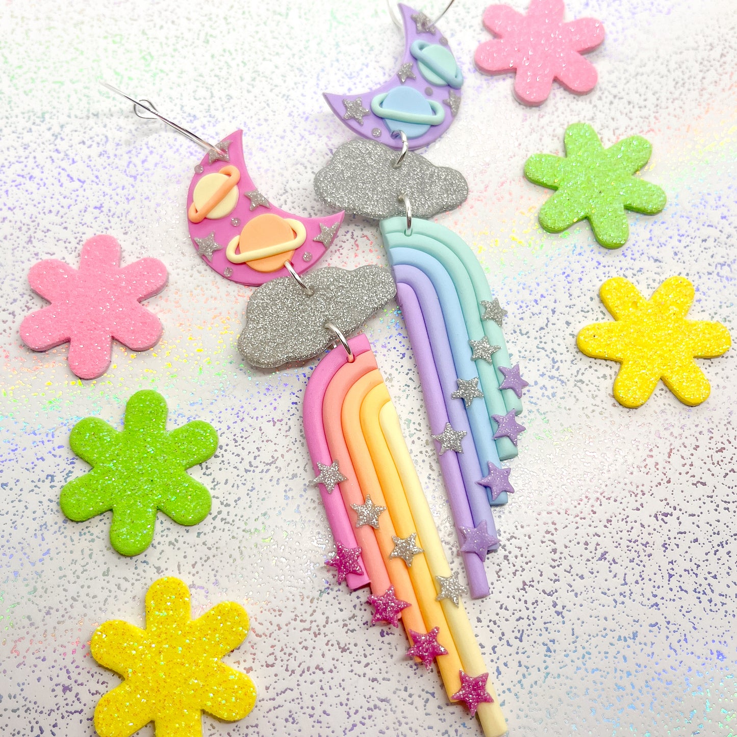 Mismatched pastel rainbow celestial lunar dangles