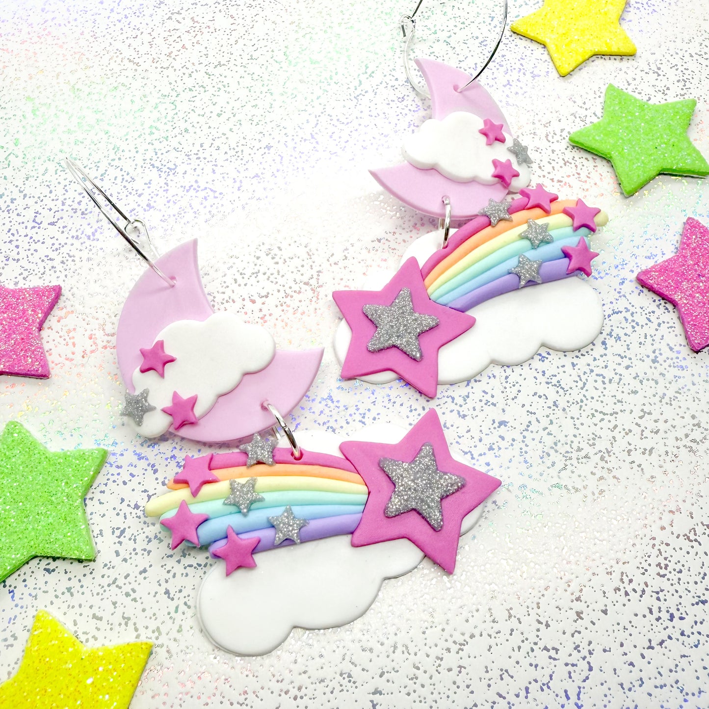 Pink glitter lunar shooting star dangles