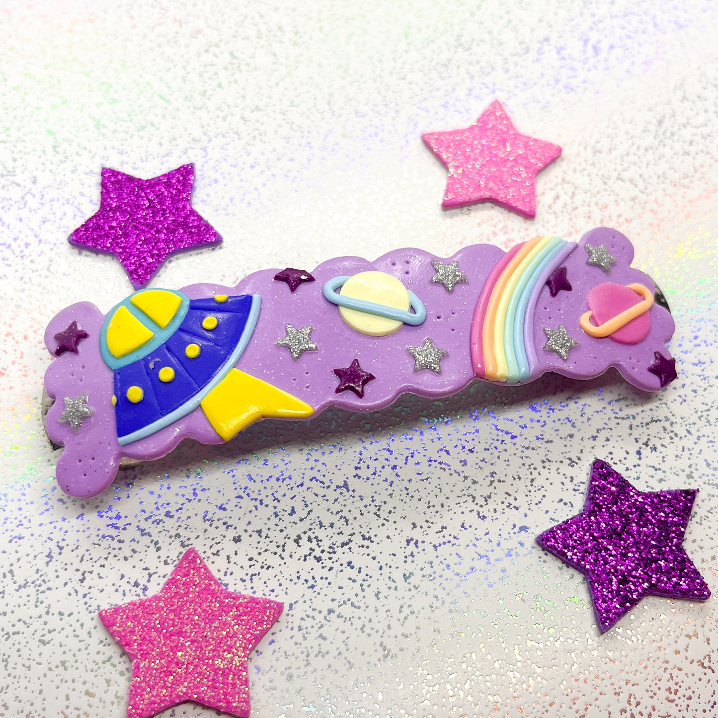 Lilac UFO and celestial rainbow hair barrette