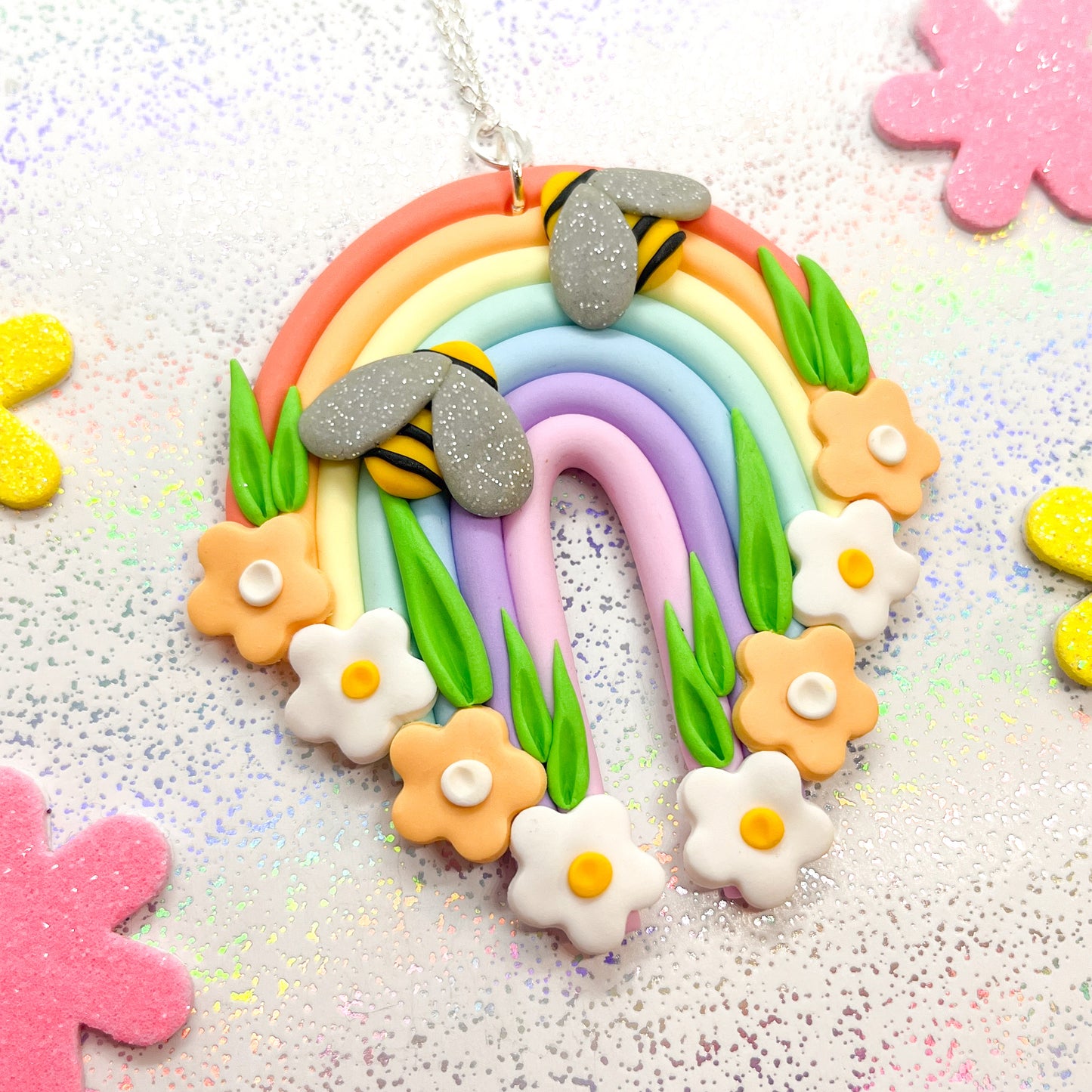 Peach rainbow bumblebee chunky necklace pendant