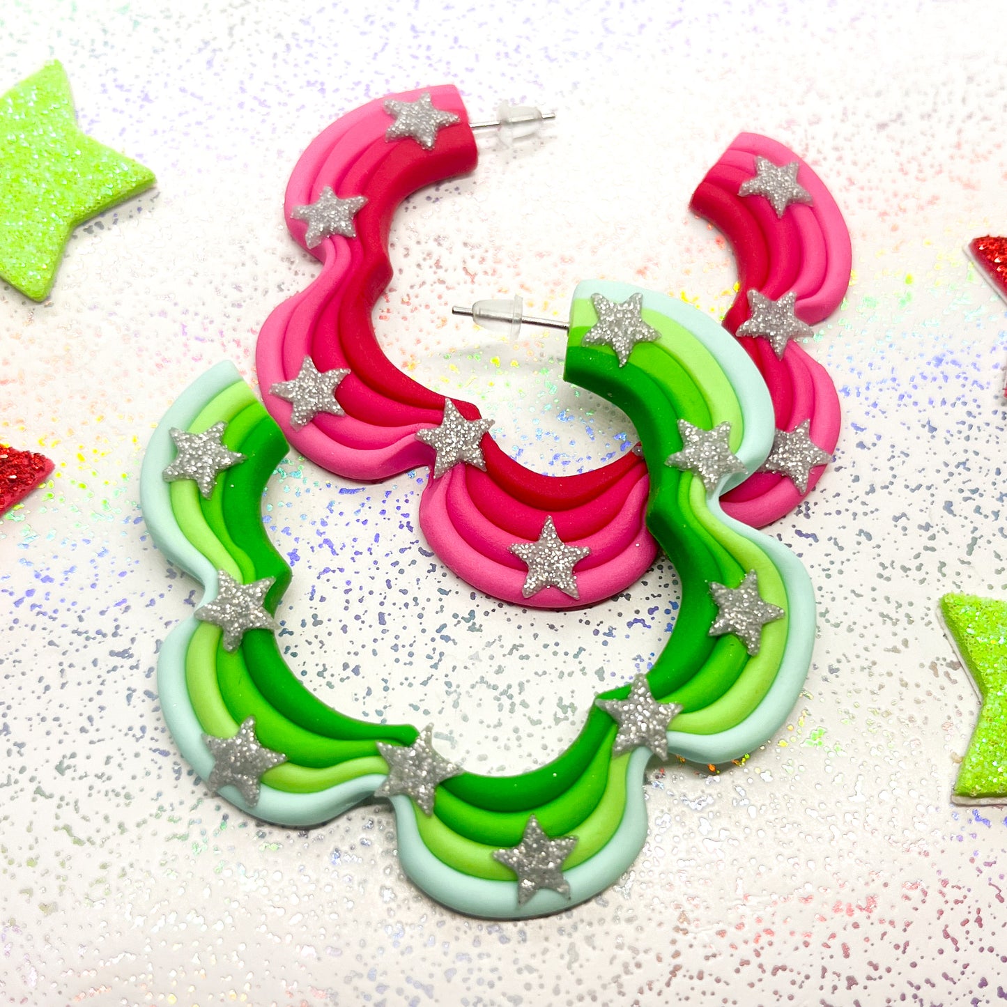 Mini mismatched starry night squiggle hoops