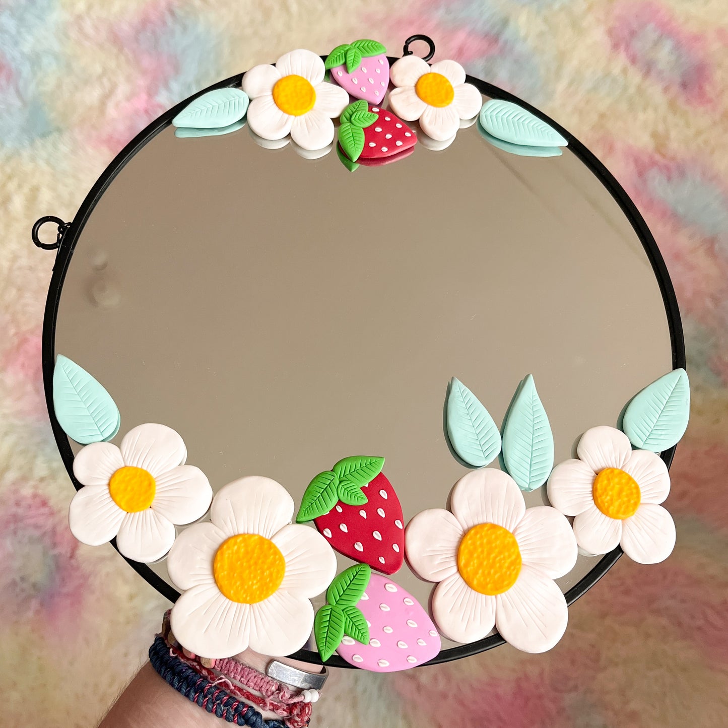 Large strawberry and daisy garden hanging mirror