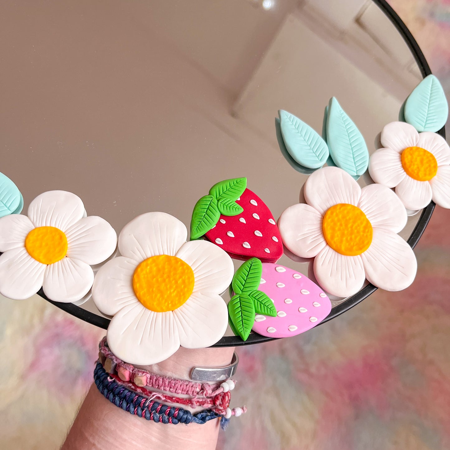 Large strawberry and daisy garden hanging mirror