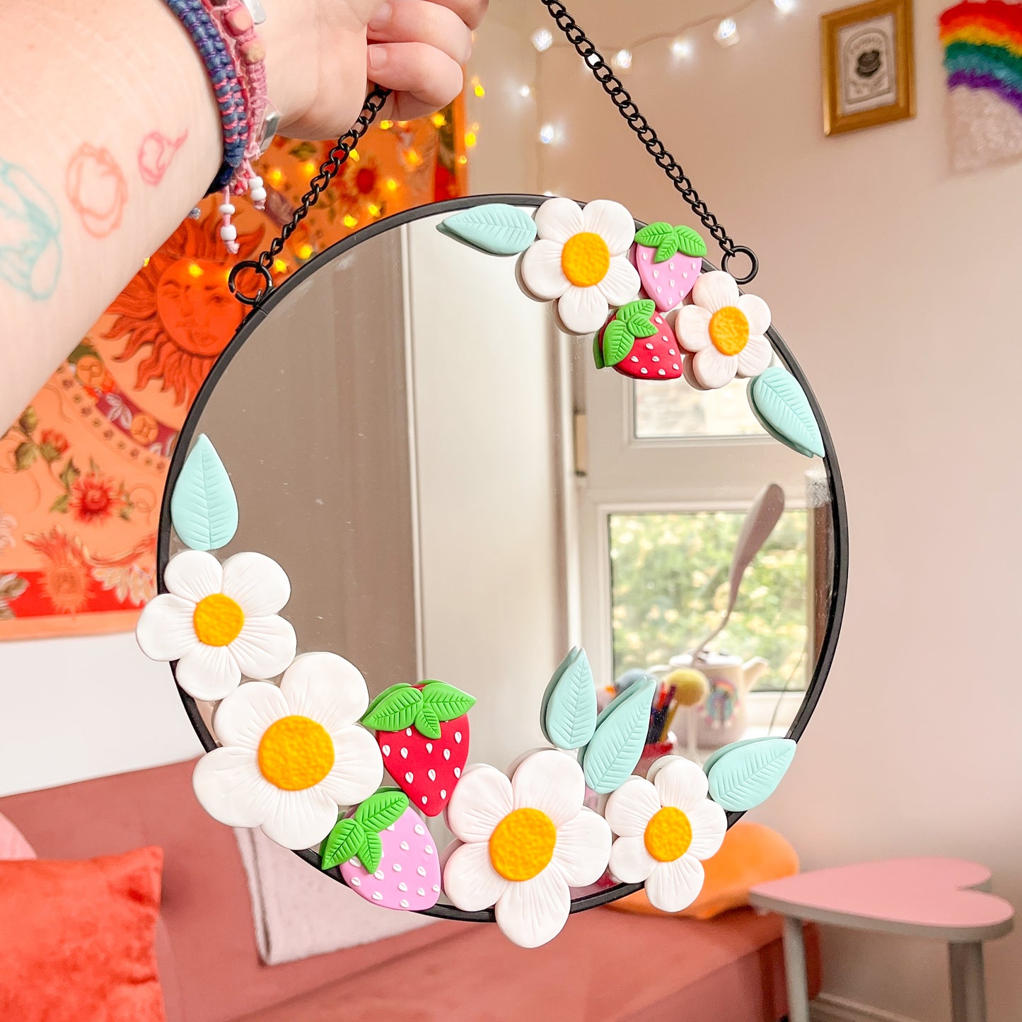 Large strawberry and daisy garden hanging mirror