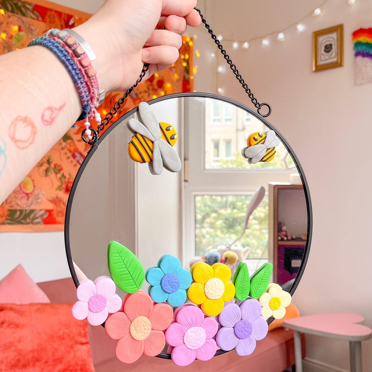 Large rainbow bumblebee garden hanging mirror