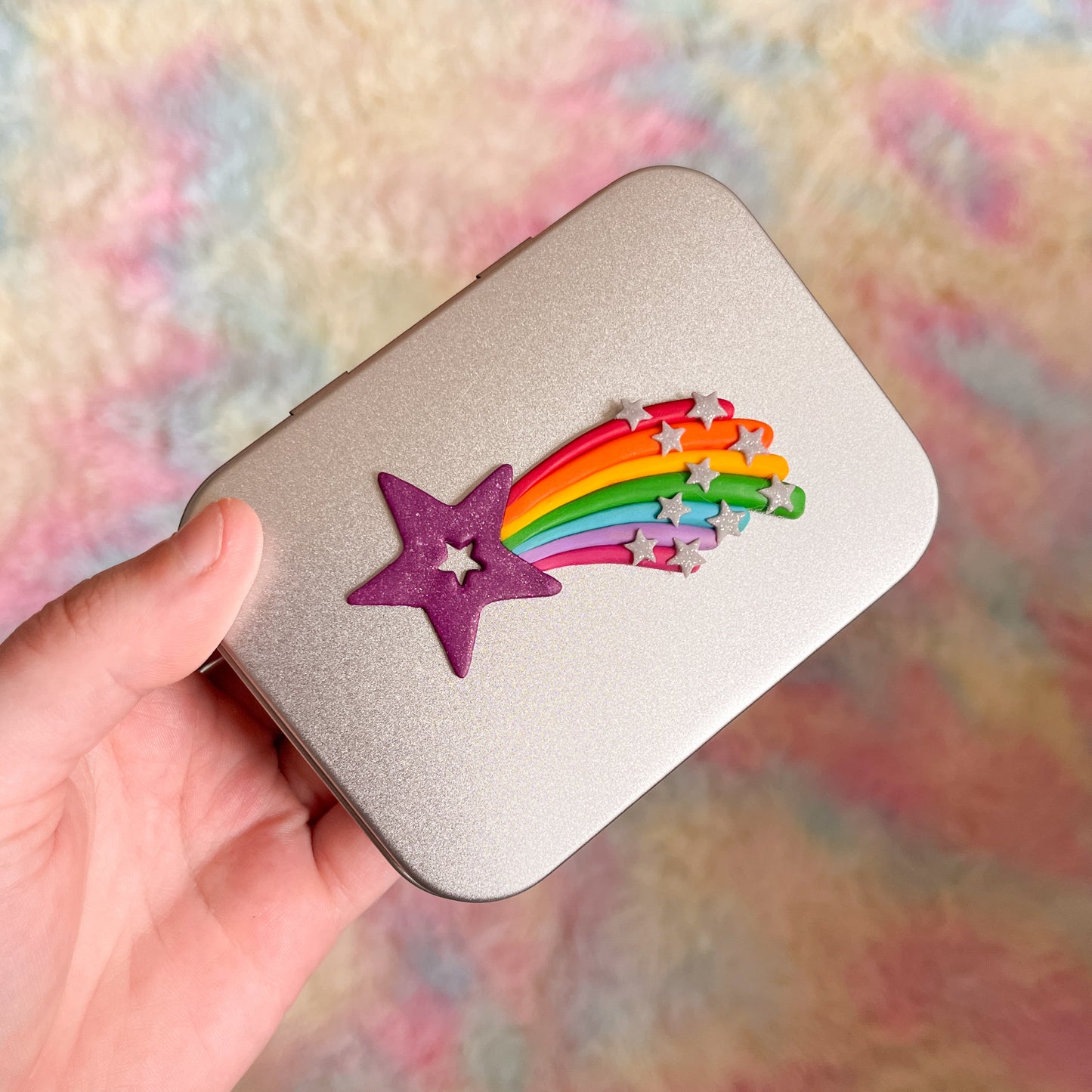 Bright rainbow shooting star keepsake tin