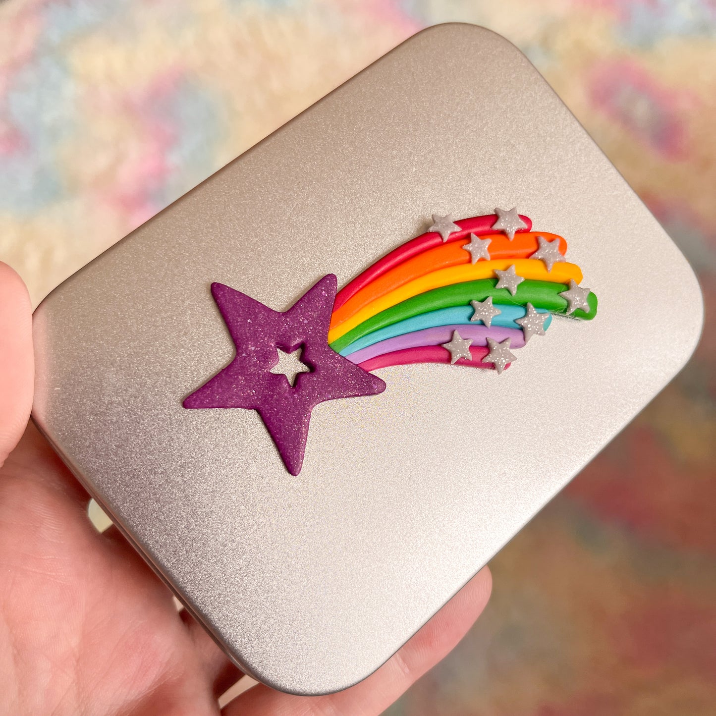 Bright rainbow shooting star keepsake tin