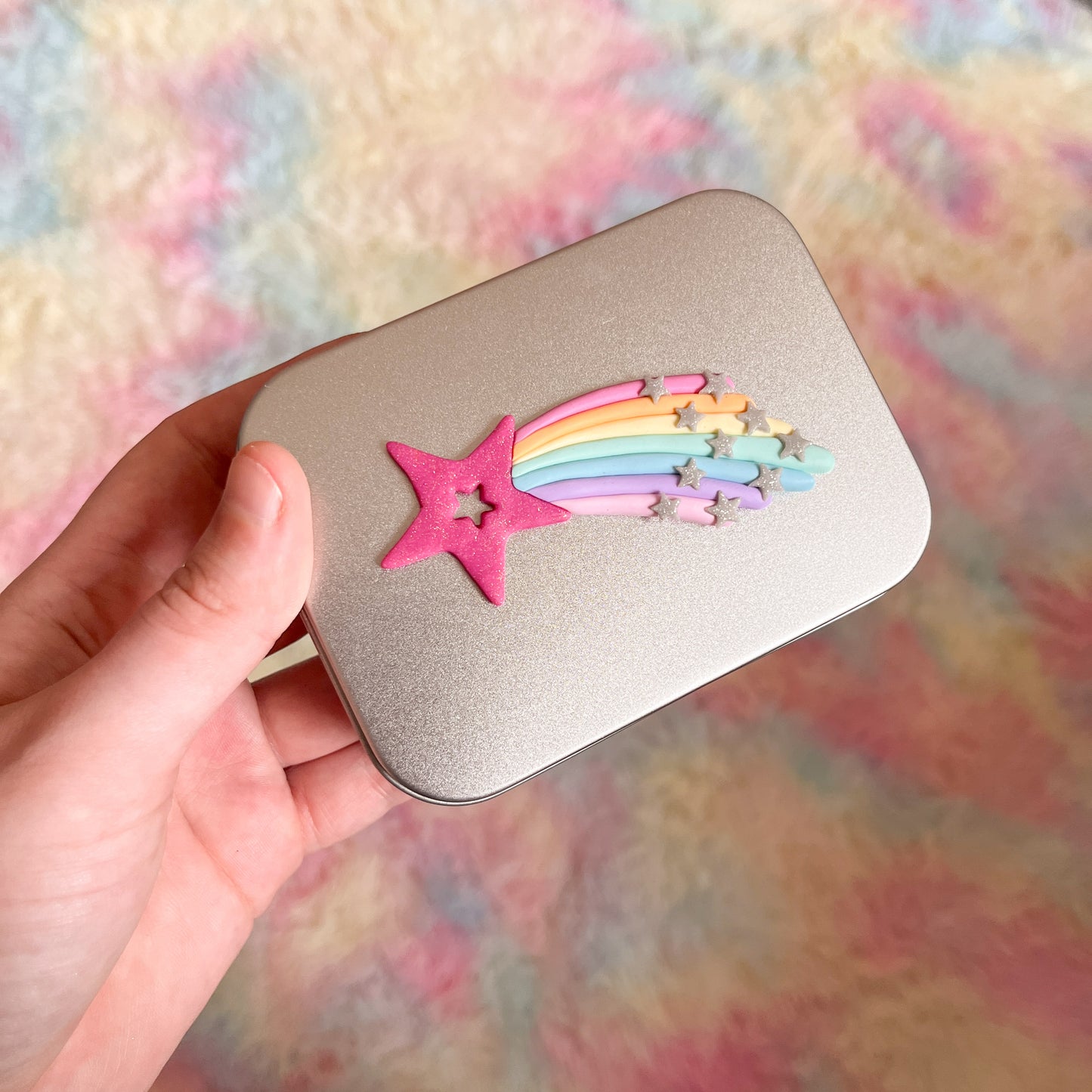 Pastel rainbow shooting star keepsake tin