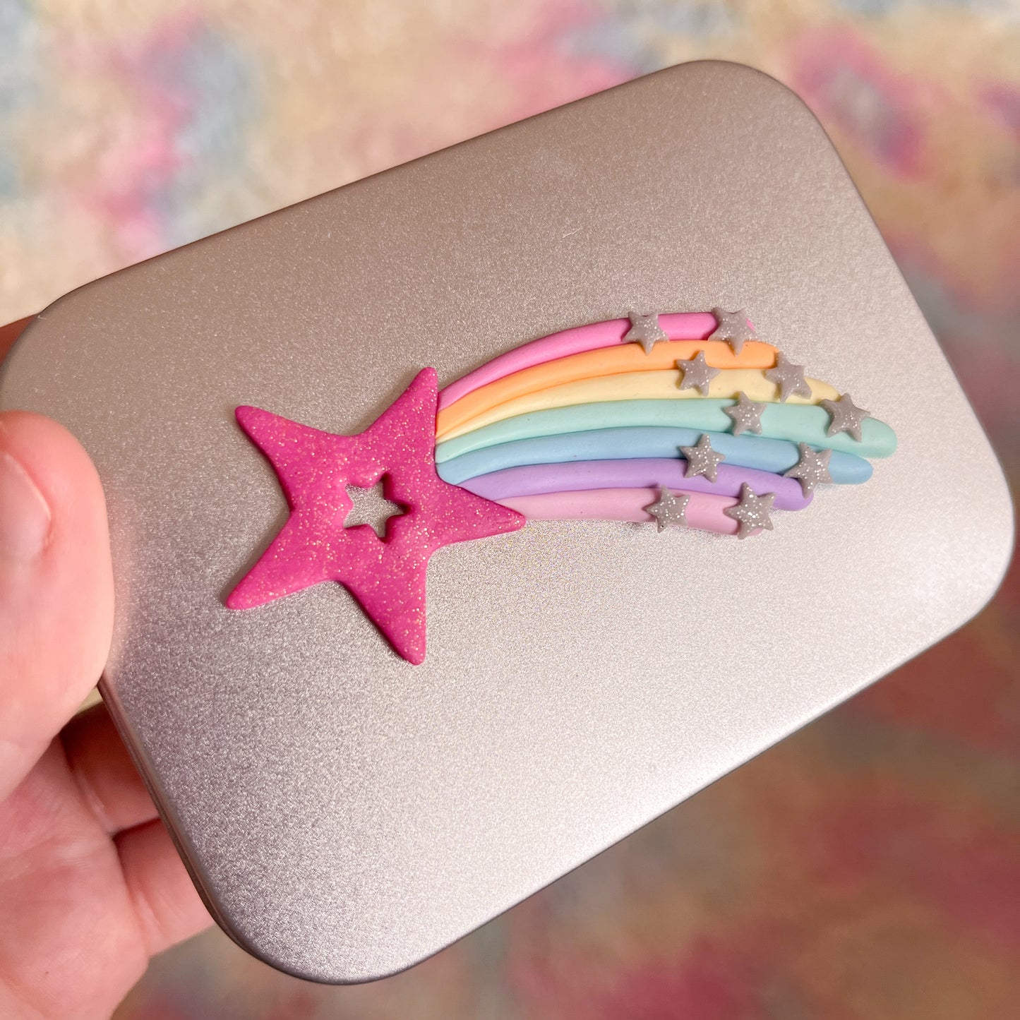 Pastel rainbow shooting star keepsake tin