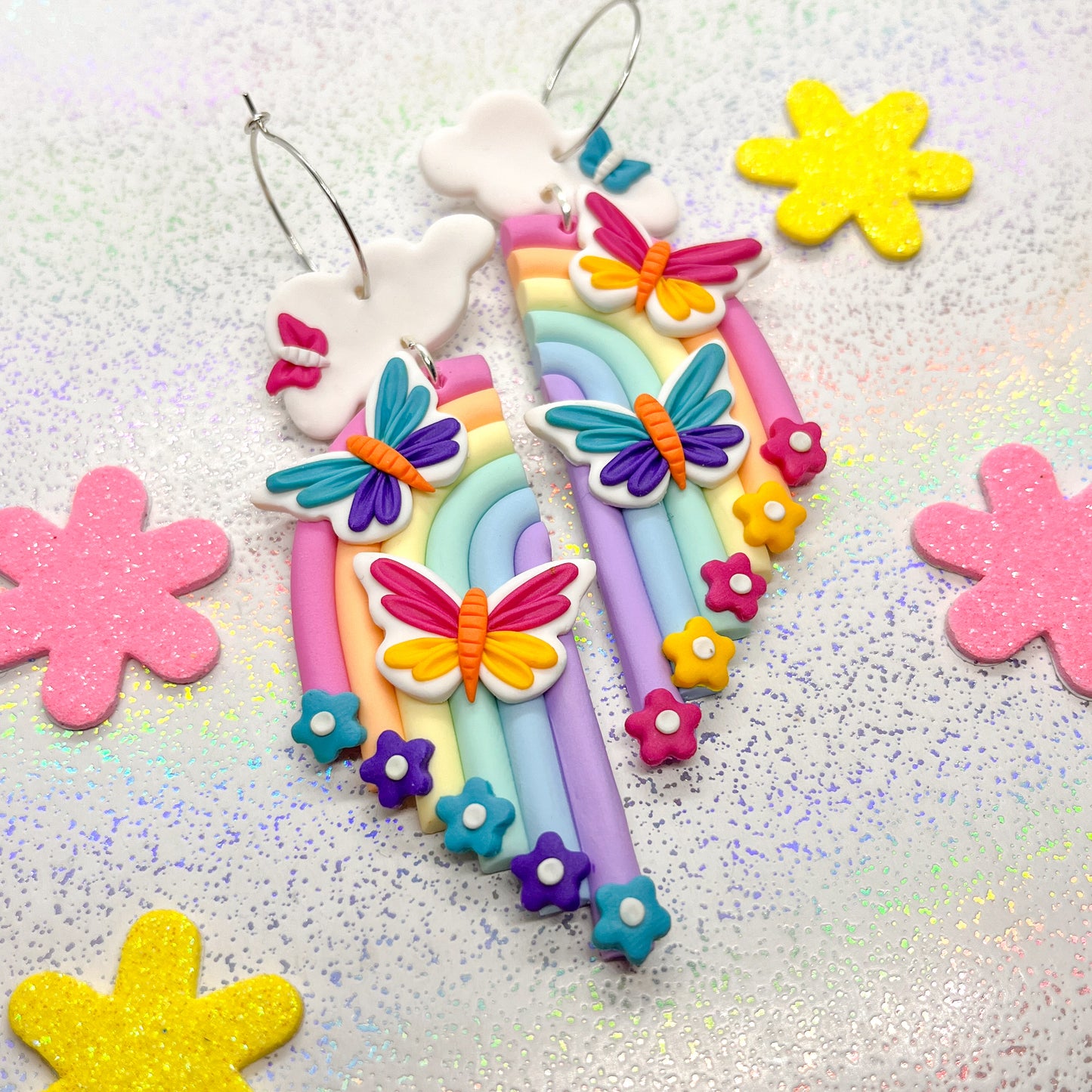 Pastel rainbow and bright butterfly dangles