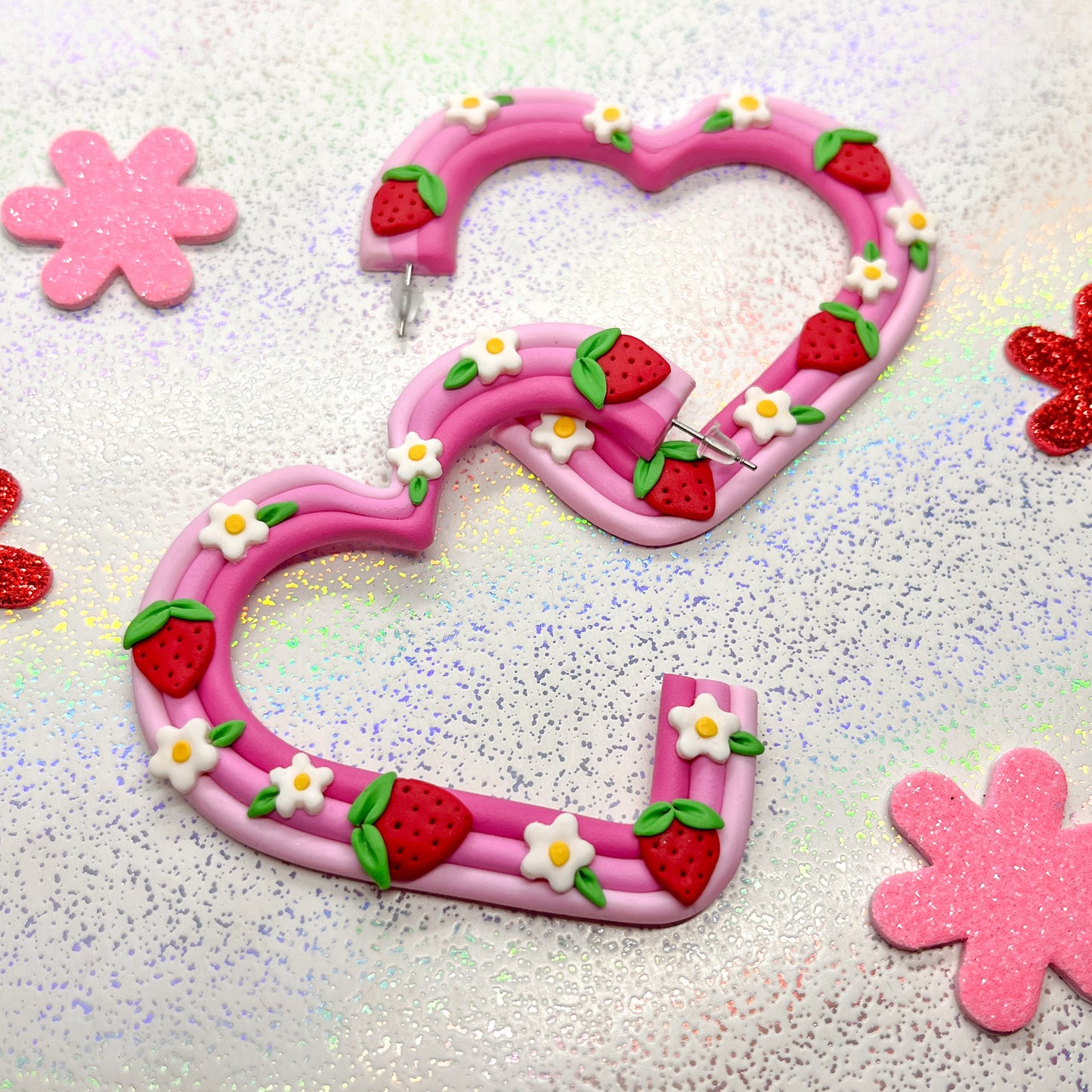 Pink ombre strawberry heart hoops