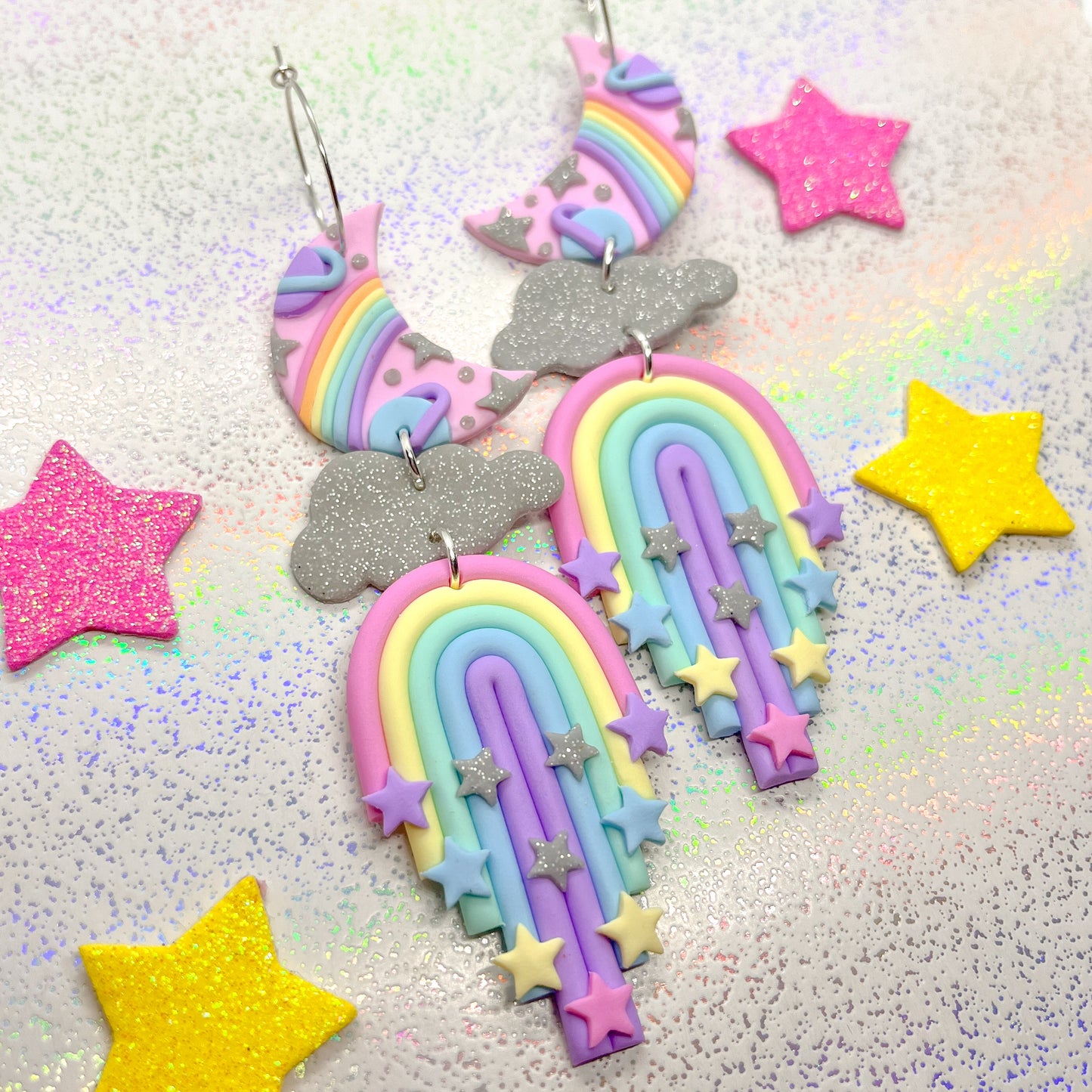 Pink galaxy moon and rainbow dangles