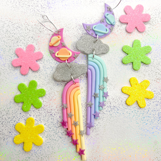 Mismatched pastel rainbow celestial lunar dangles