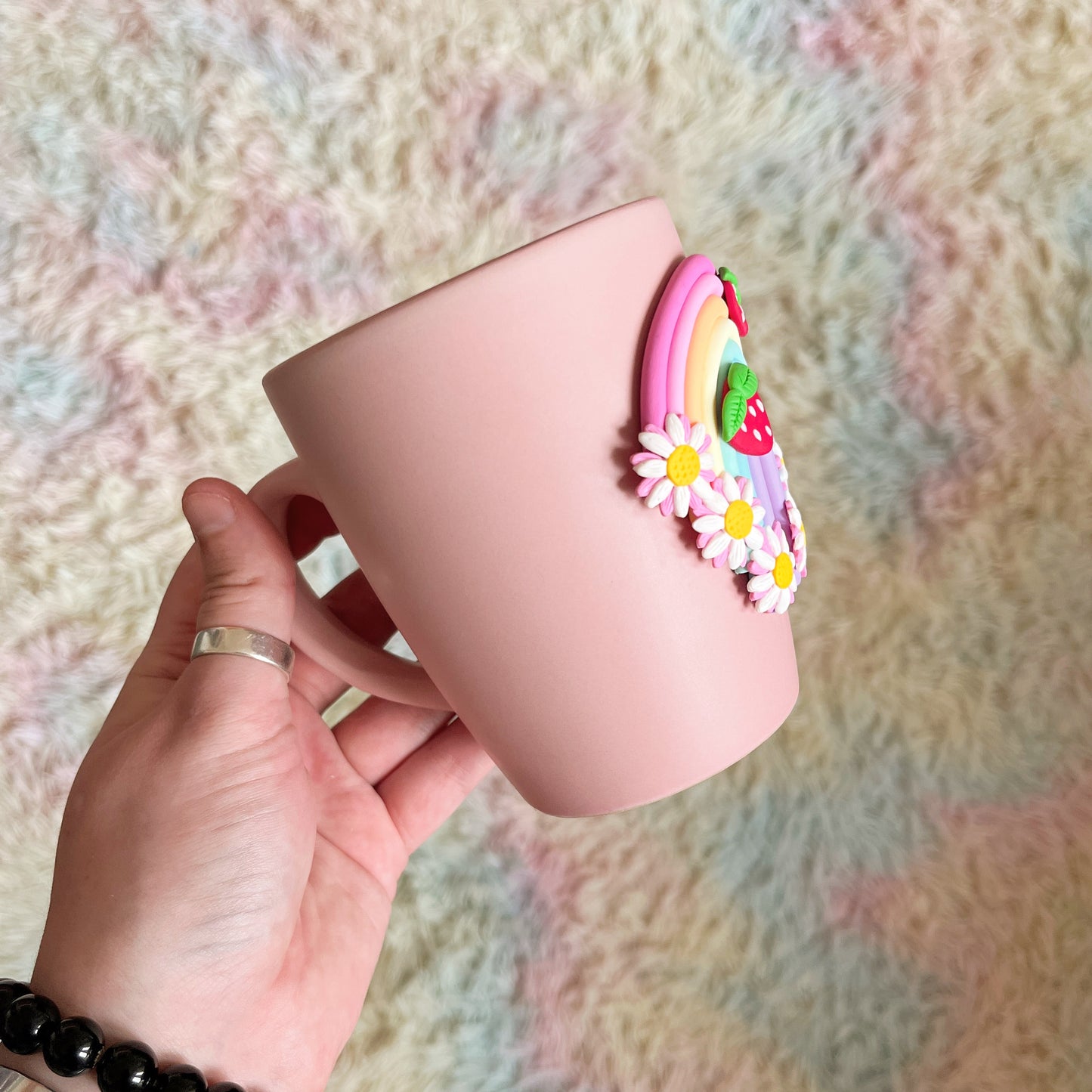 Pastel pink strawberry and daisy mug