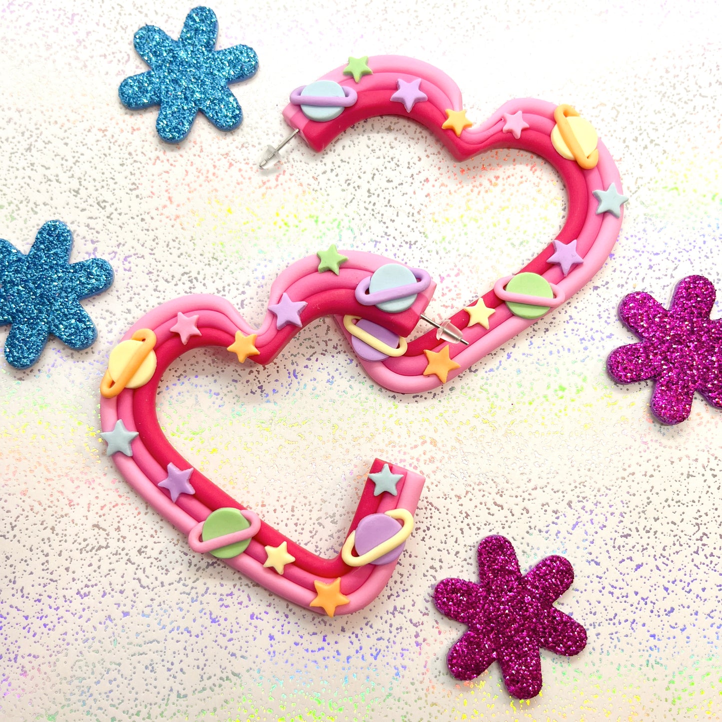 Pink galaxy heart hoops