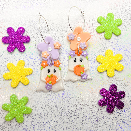 White glitter pumpkin ghostie dangles