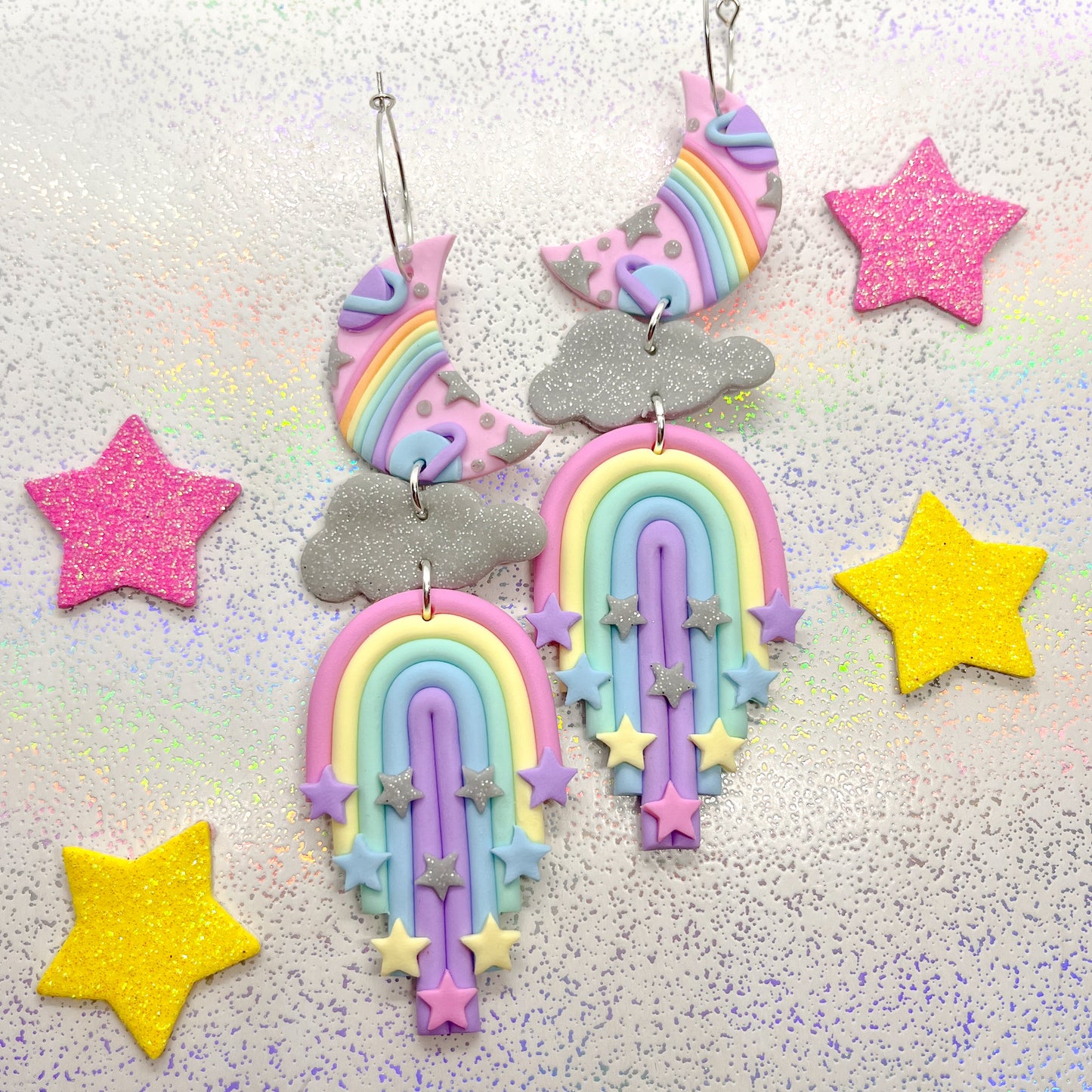 Pink galaxy moon and rainbow dangles