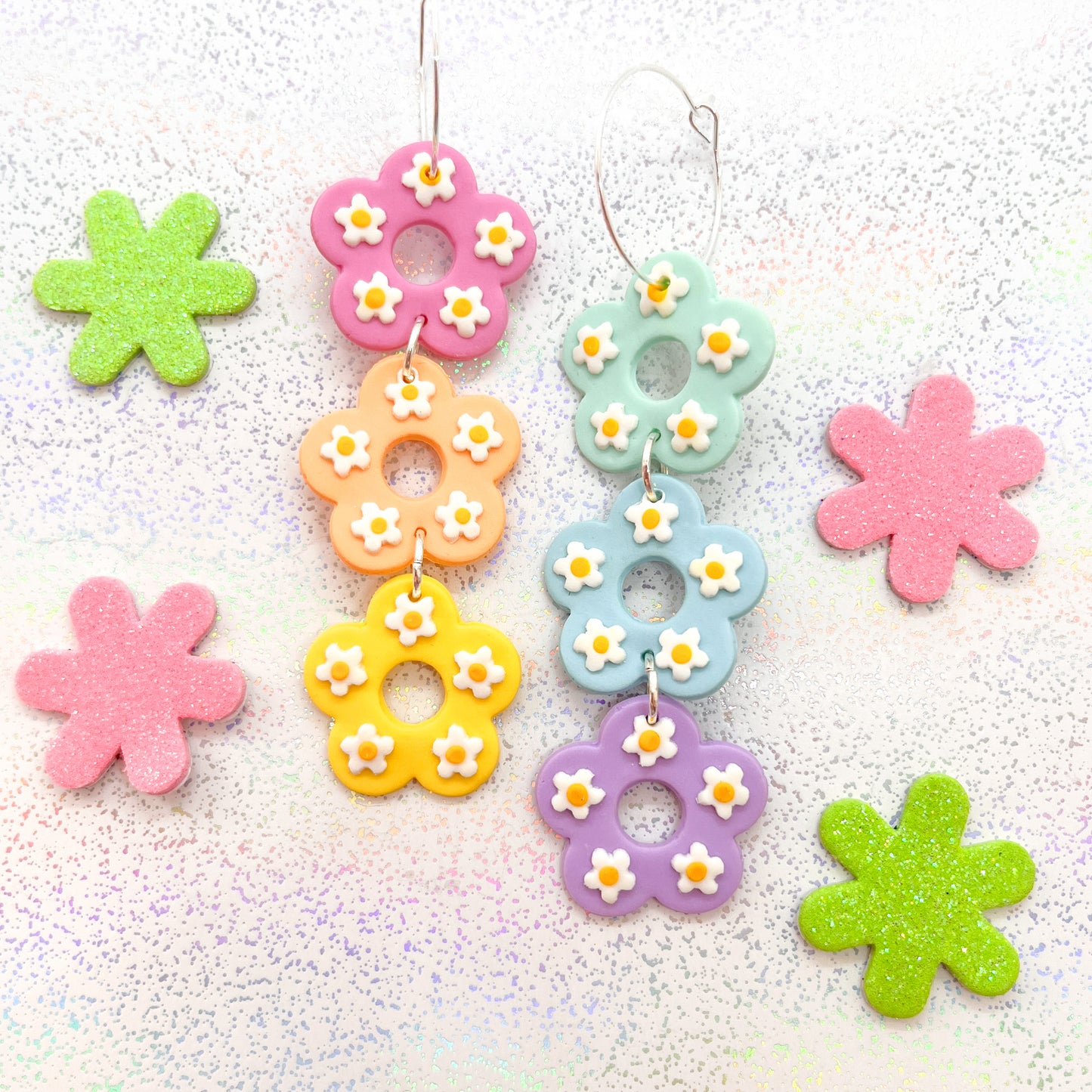 Mismatched rainbow double daisy dangles