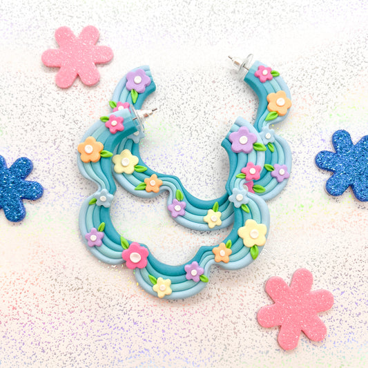 Blue ombre and rainbow floral squiggle hoops