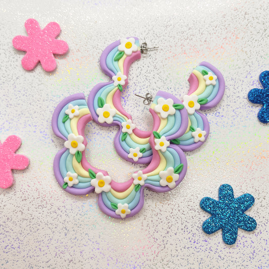 Pastel rainbow squiggle hoops with daisy details