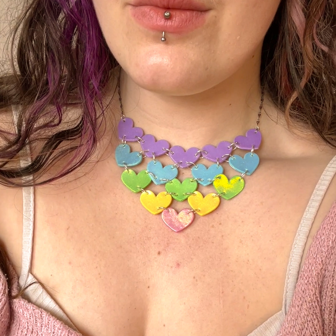 Iridescent rainbow heart chainmail statement necklace - 7 day preorder