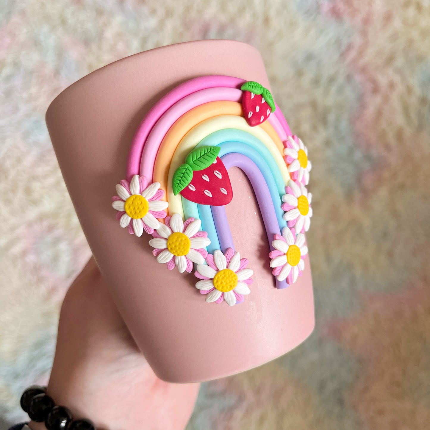 Pastel pink strawberry and daisy mug