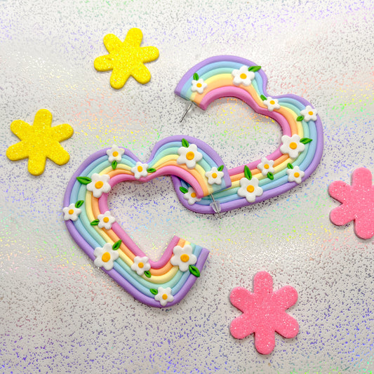 Pastel rainbow heart hoops with daisy details