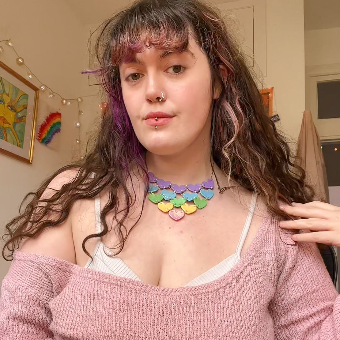 Iridescent rainbow heart chainmail statement necklace - 7 day preorder