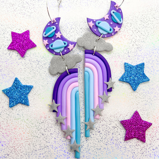 Purple to blue glitter galaxy lunar dangles