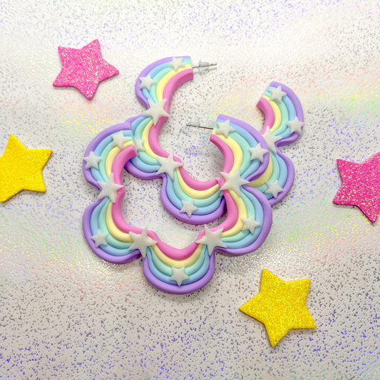 Pastel rainbow squiggle hoops with white glitter stars