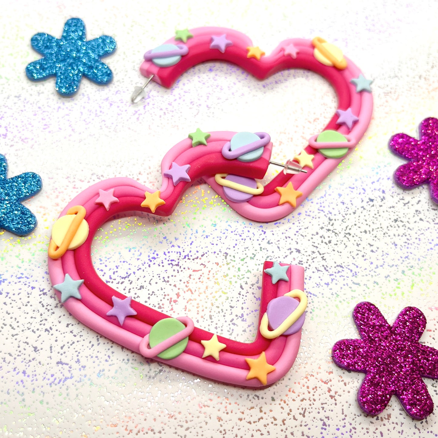 Pink galaxy heart hoops