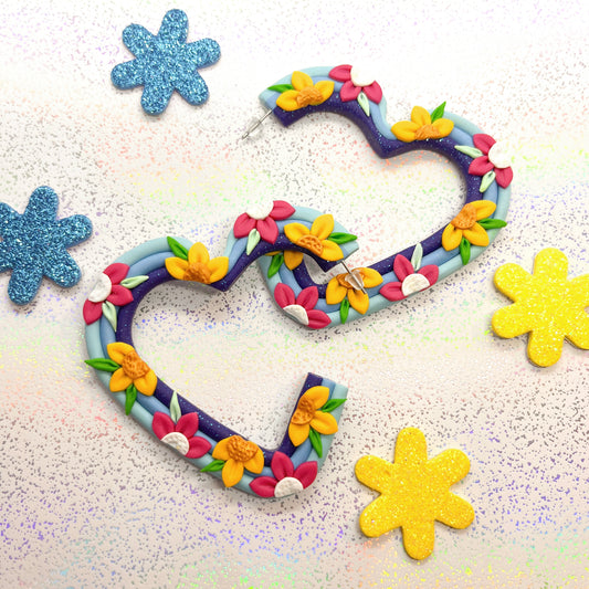 Glitter blue tropical flower heart hoops