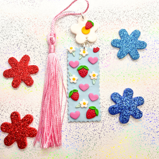 Pastel blue strawberry love-heart bookmark - DISCOUNTED