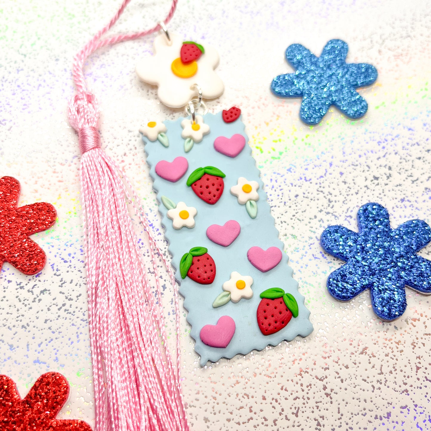 Pastel blue strawberry love-heart bookmark - DISCOUNTED