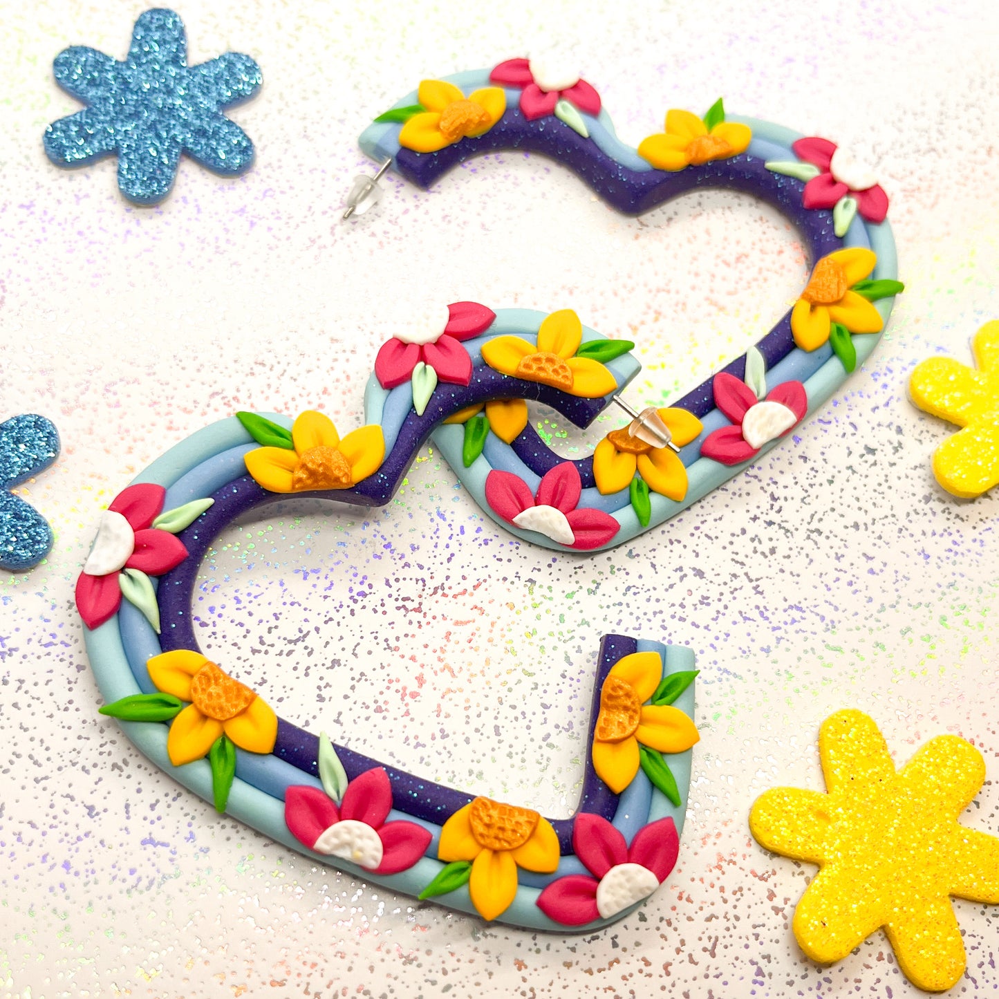 Glitter blue tropical flower heart hoops