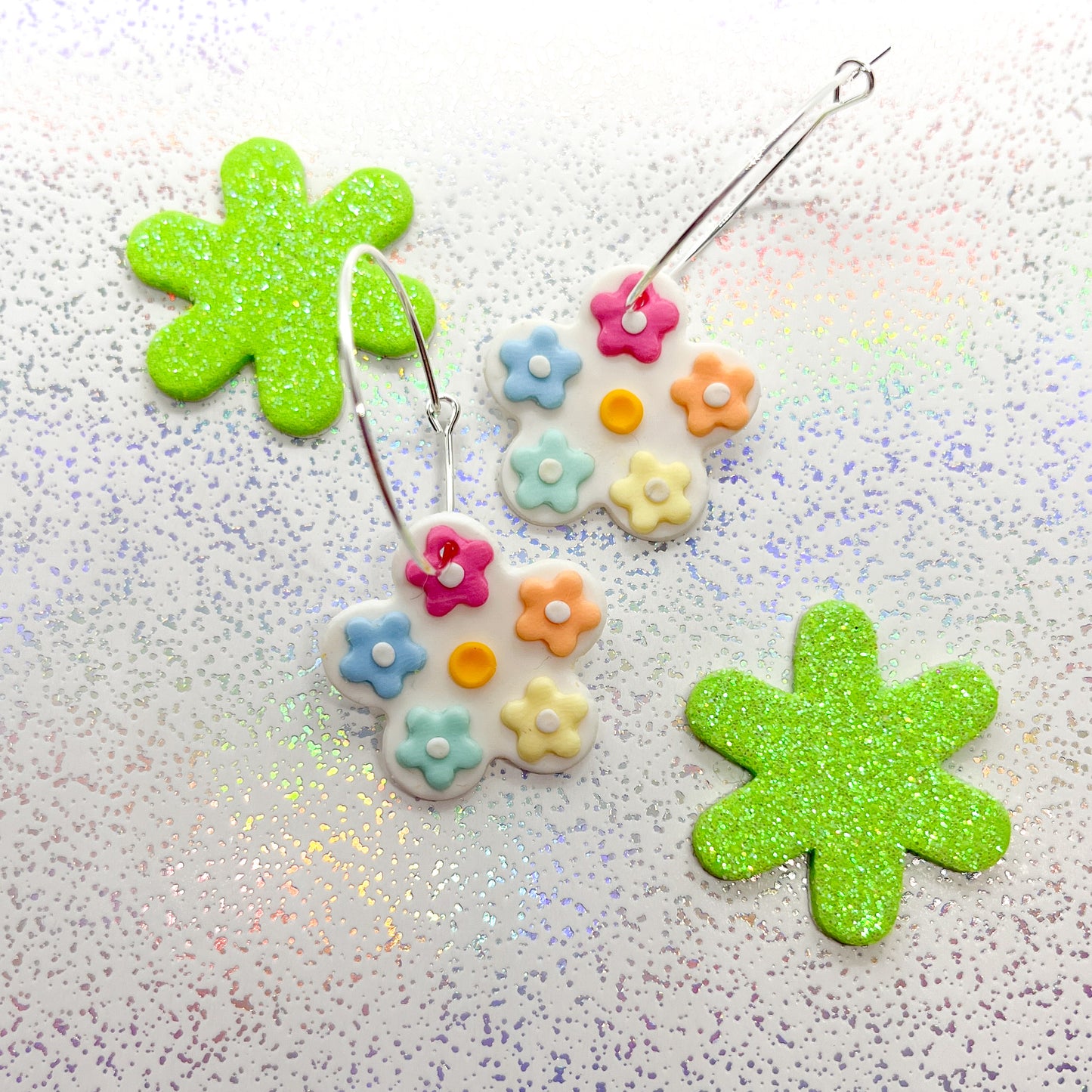 Mini pastel rainbow double daisy dangles