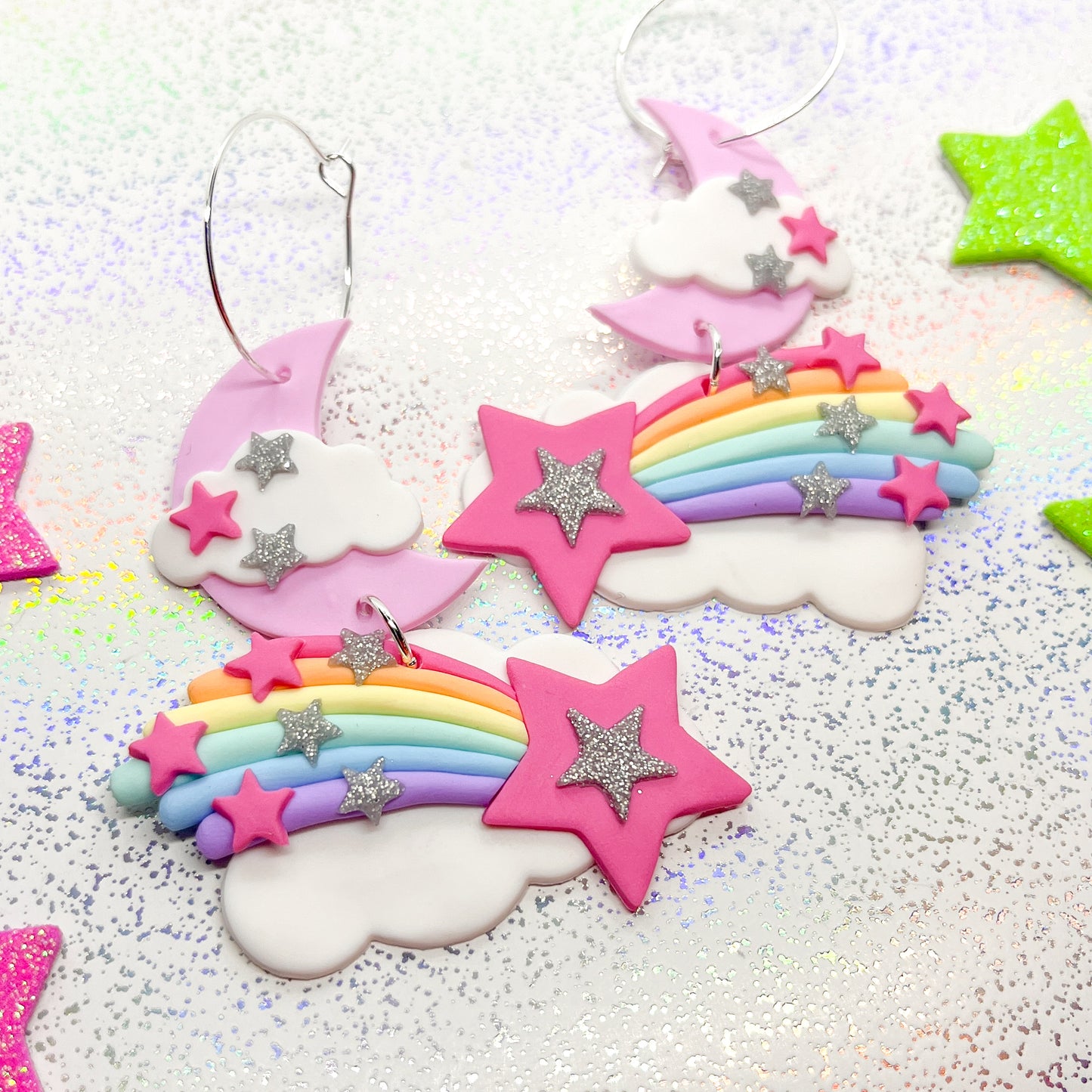 Pink glitter lunar shooting star dangles