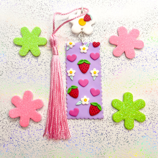 Lilac strawberry love-heart bookmark