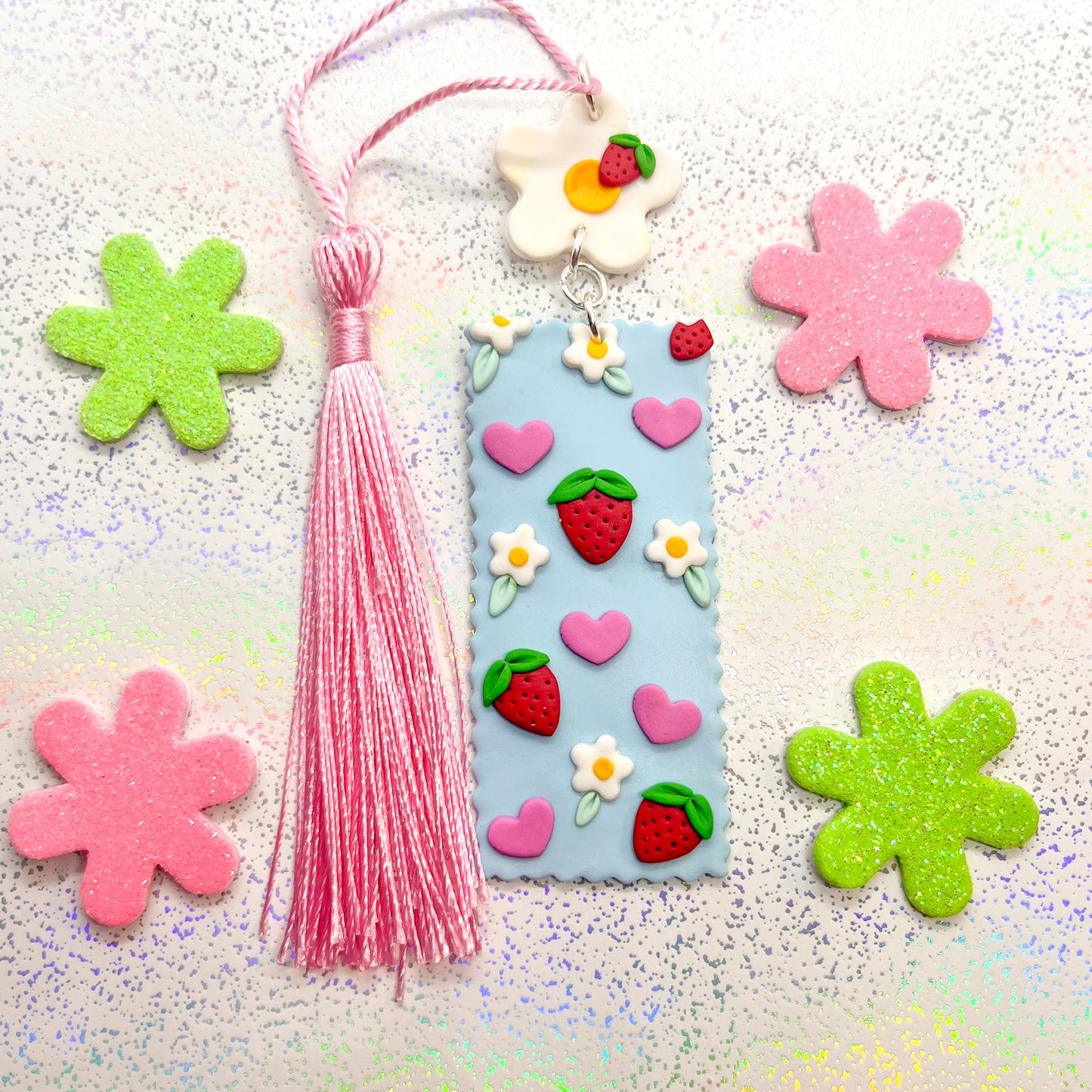 Pastel blue strawberry love-heart bookmark