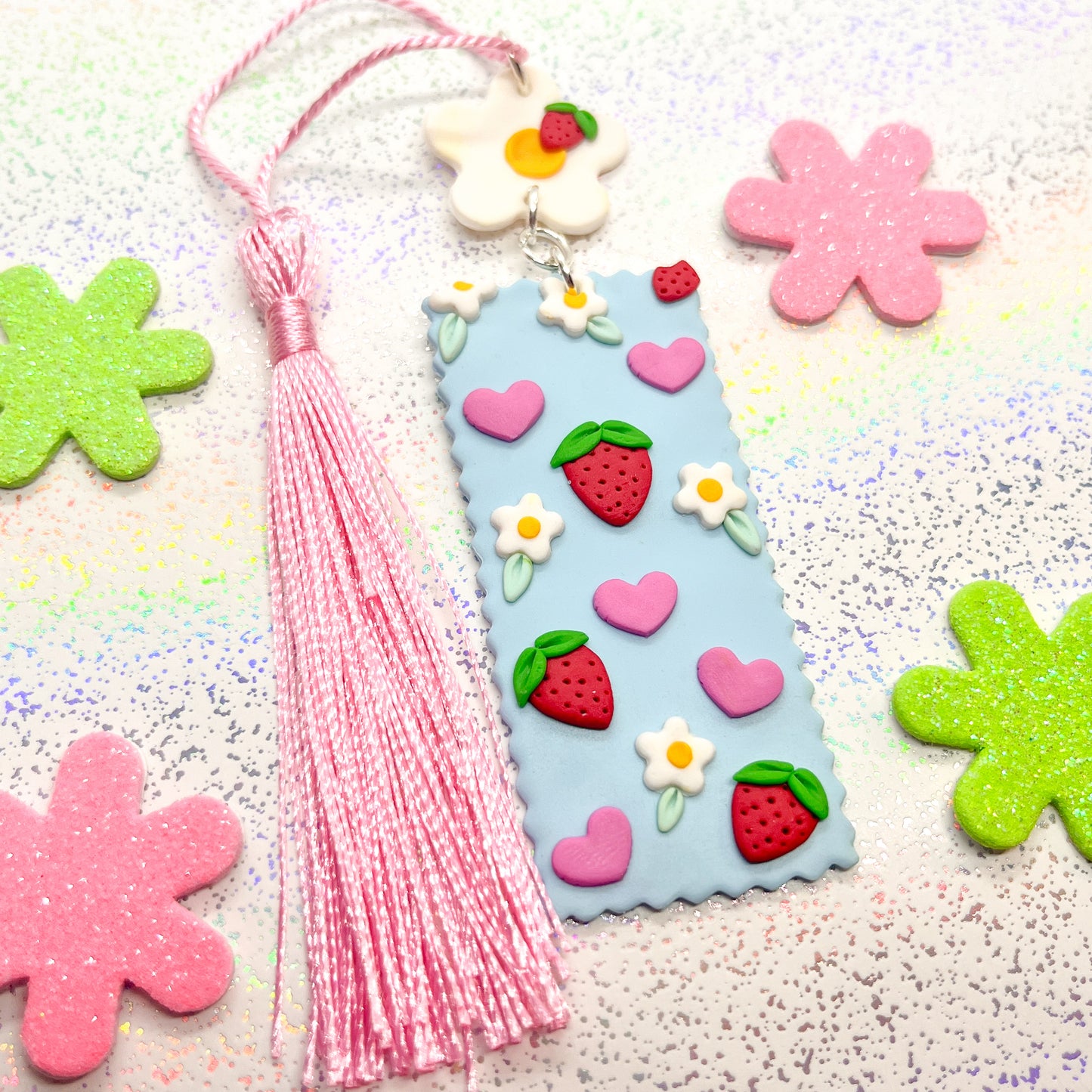 Pastel blue strawberry love-heart bookmark