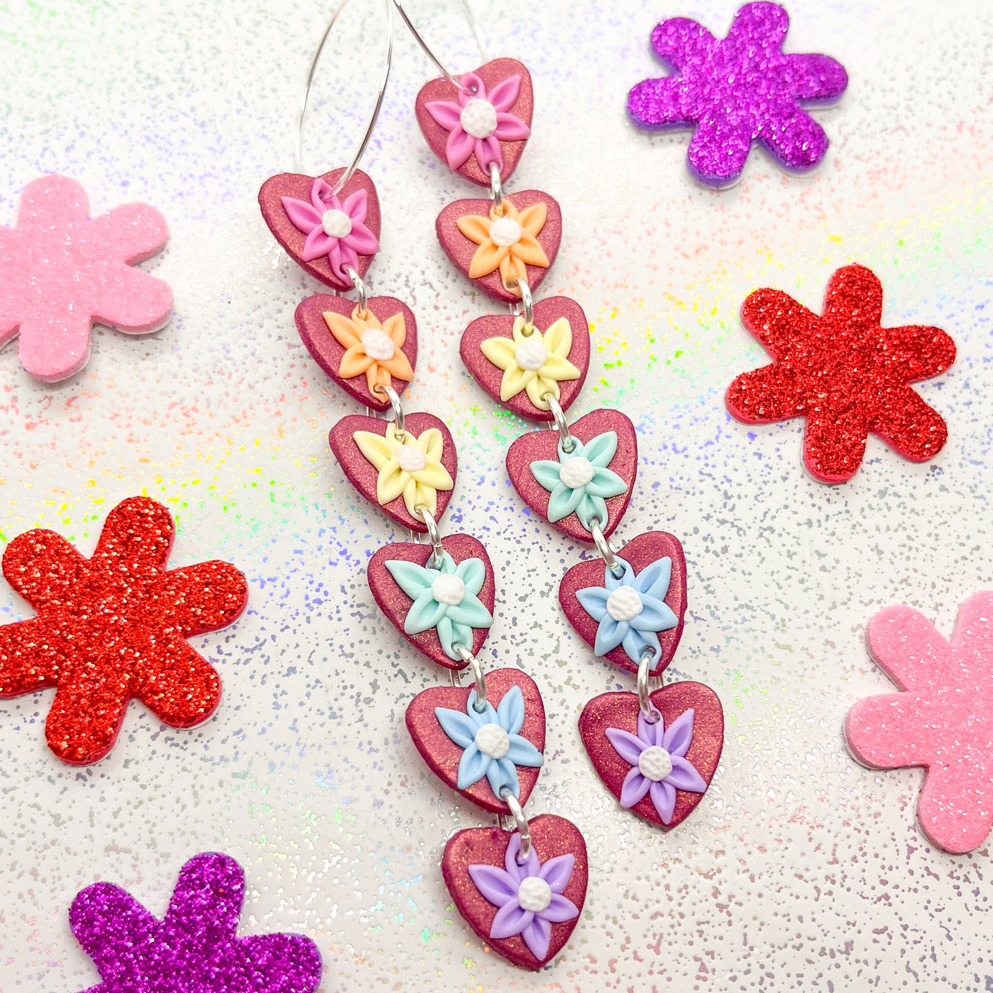 Metallic summer floral loveheart dangles