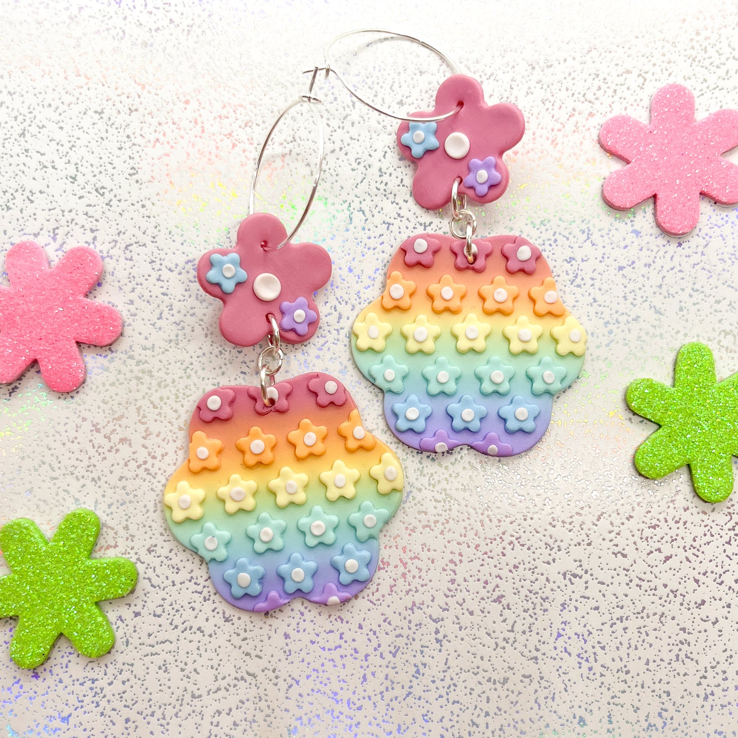 Pastel rainbow ombre triple flower dangles