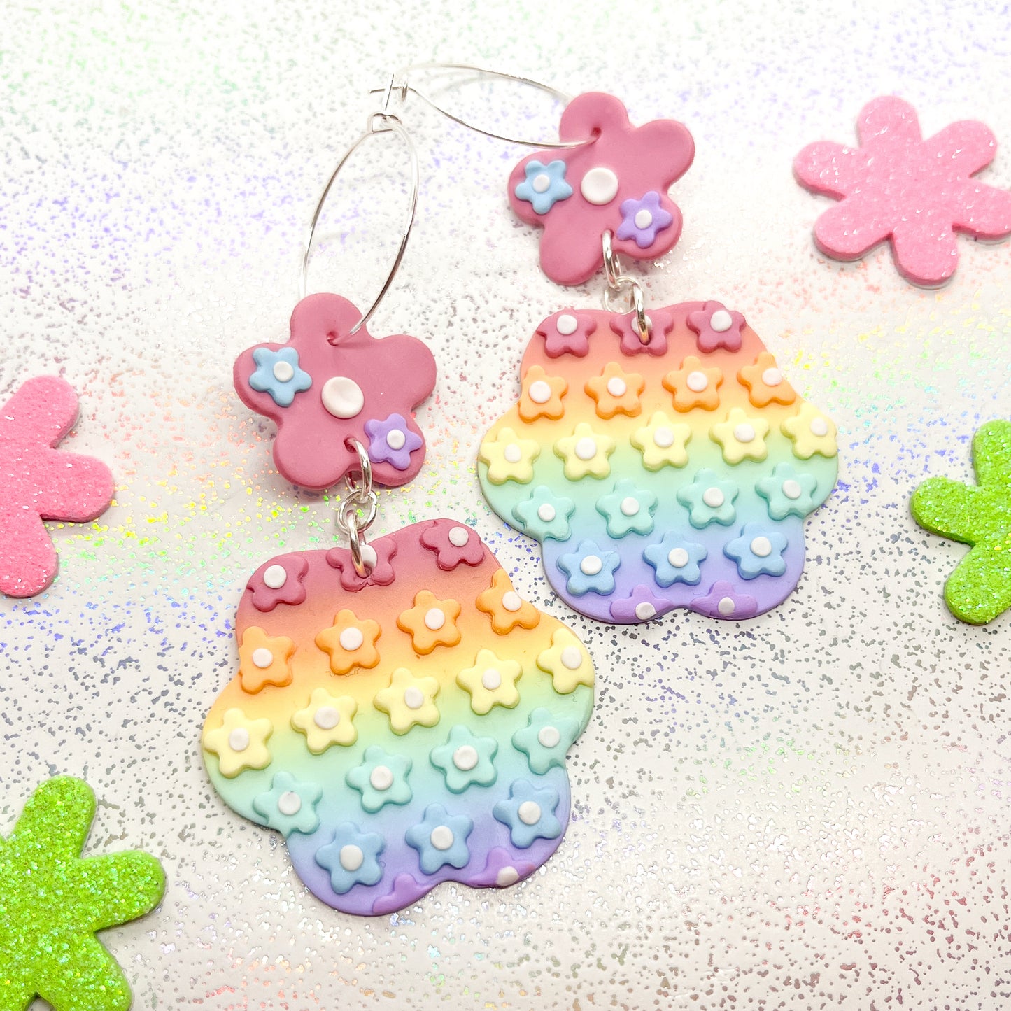 Pastel rainbow ombre triple flower dangles