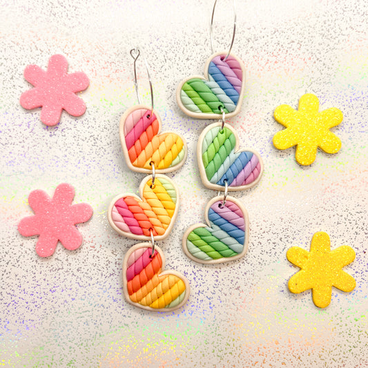 Mismatched rainbow ombre knitted twist heart dangles
