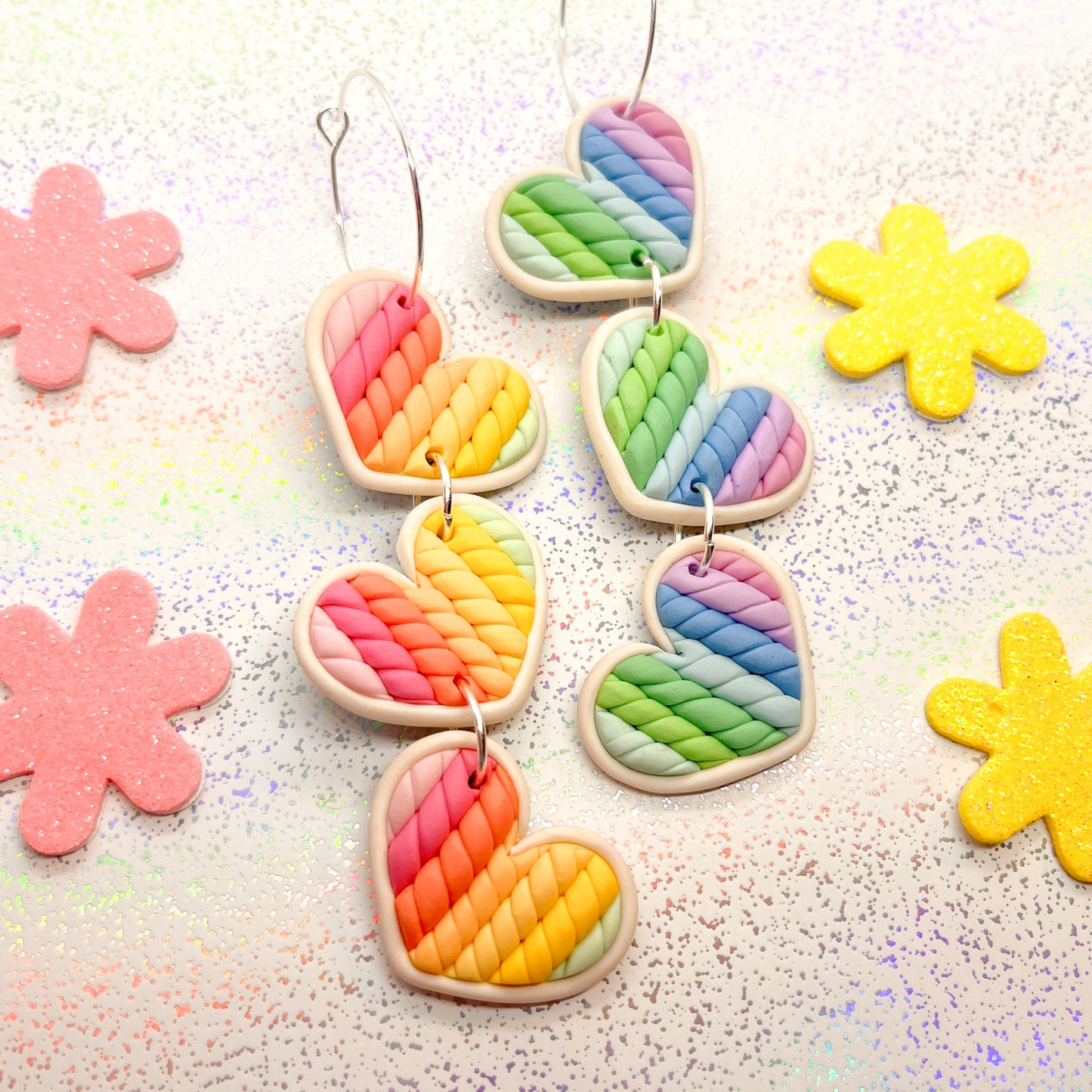 Mismatched rainbow ombre knitted twist heart dangles