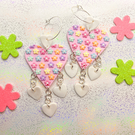 Pink and rainbow floral heart dangles