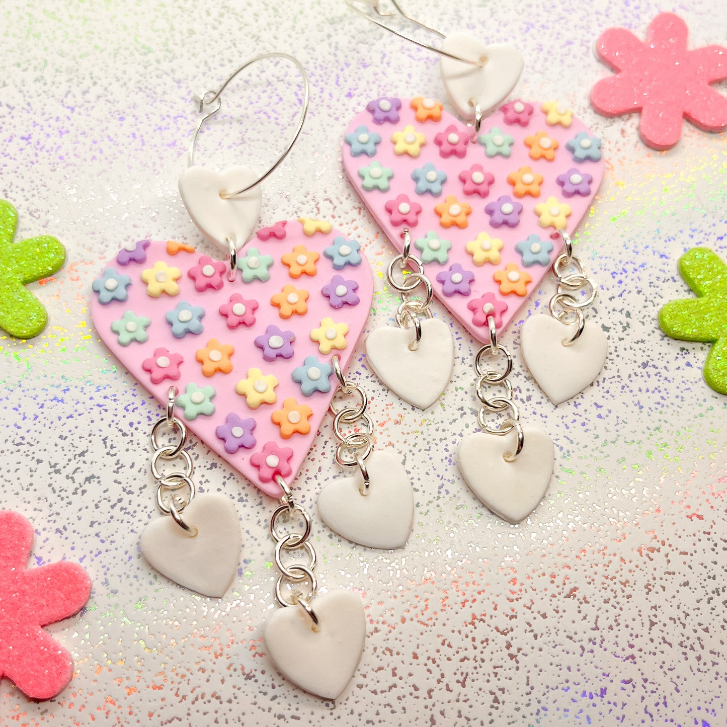 Pink and rainbow floral heart dangles